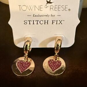 Towne & Reese Gold Hoop Drop Earrings with Pink Heart Discs